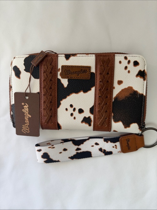 Wrangler Handbags - Wrangler Brown, Black & White Cowhide Zip Wallet with Wristlet